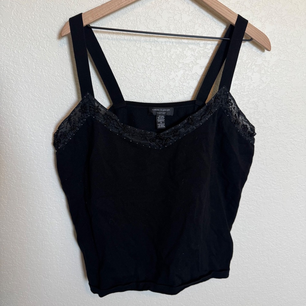 Y2K Coquette Beaded Cable & Gauge Silk Blend Tank Top 1X Black
